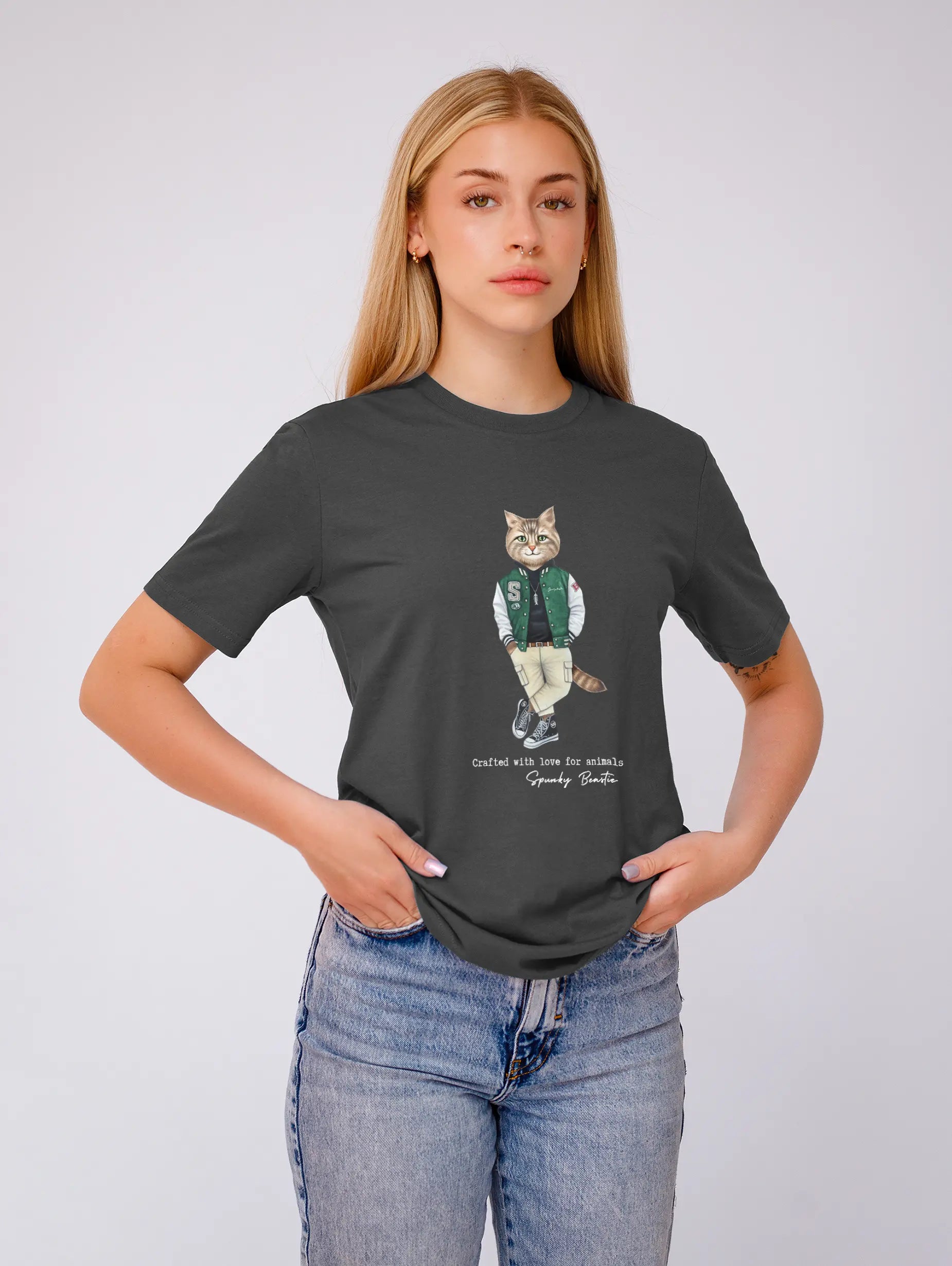 modna damska koszulka z kotem streetwear bawełna organiczna