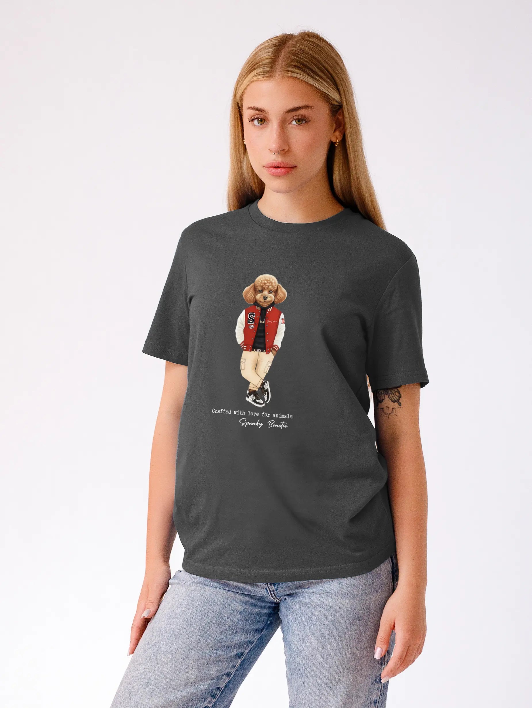 designerska damska koszulka z psem bawełna organiczna