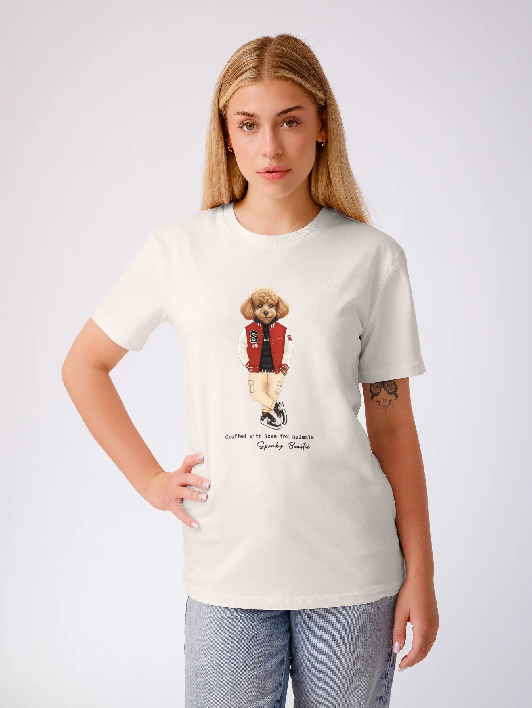 designerska damska koszulka z psem bawełna organiczna streetwear