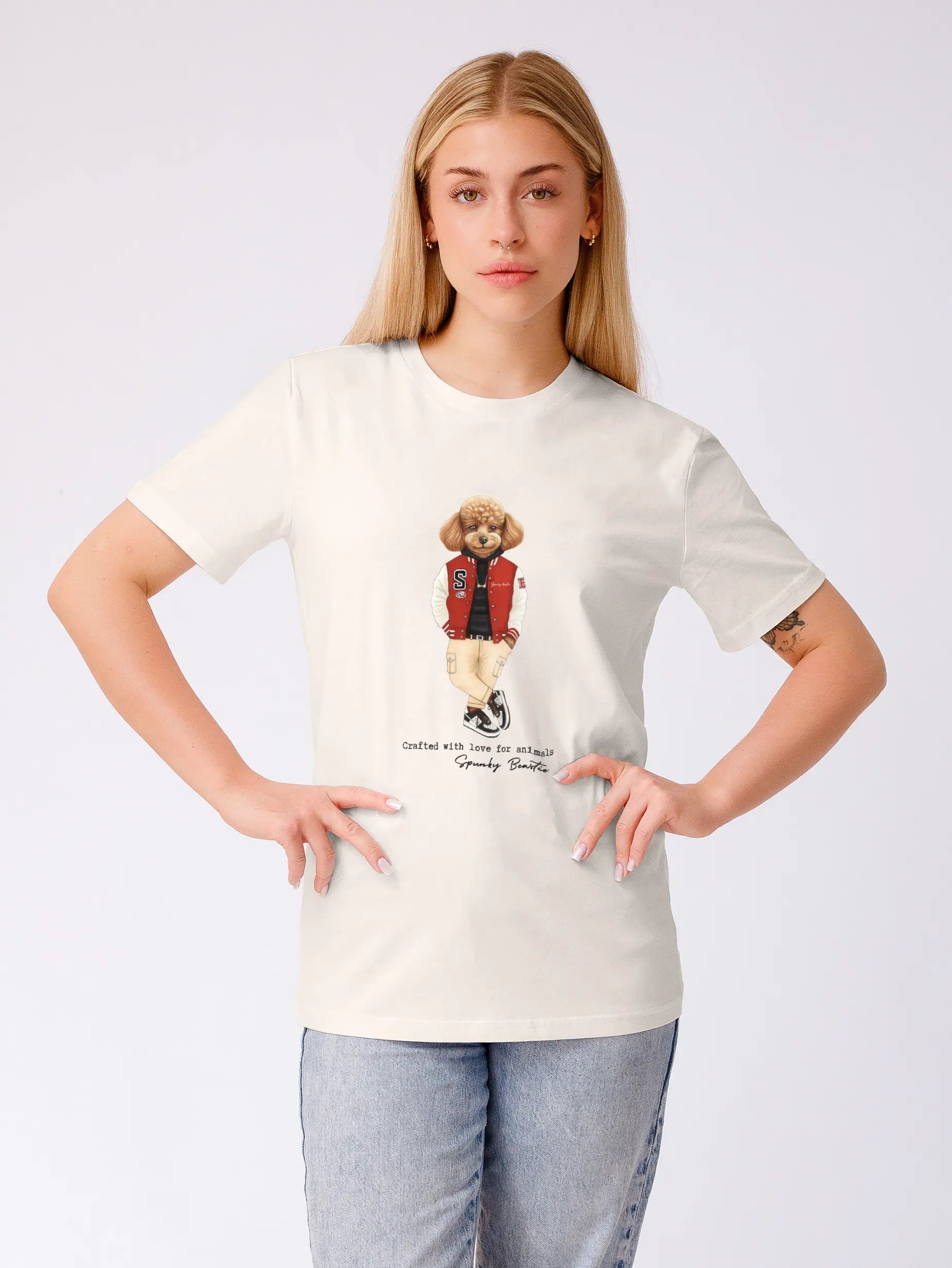 designerska damska koszulka z psem bawełna organiczna streetwear